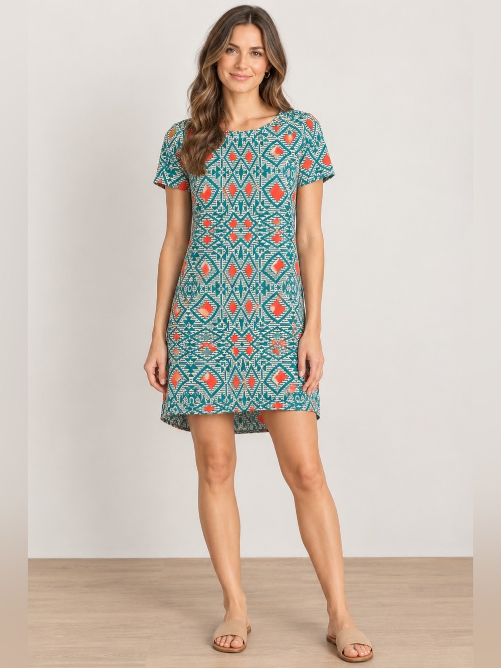 My Story Teal and Coral Geometric Shift Dress